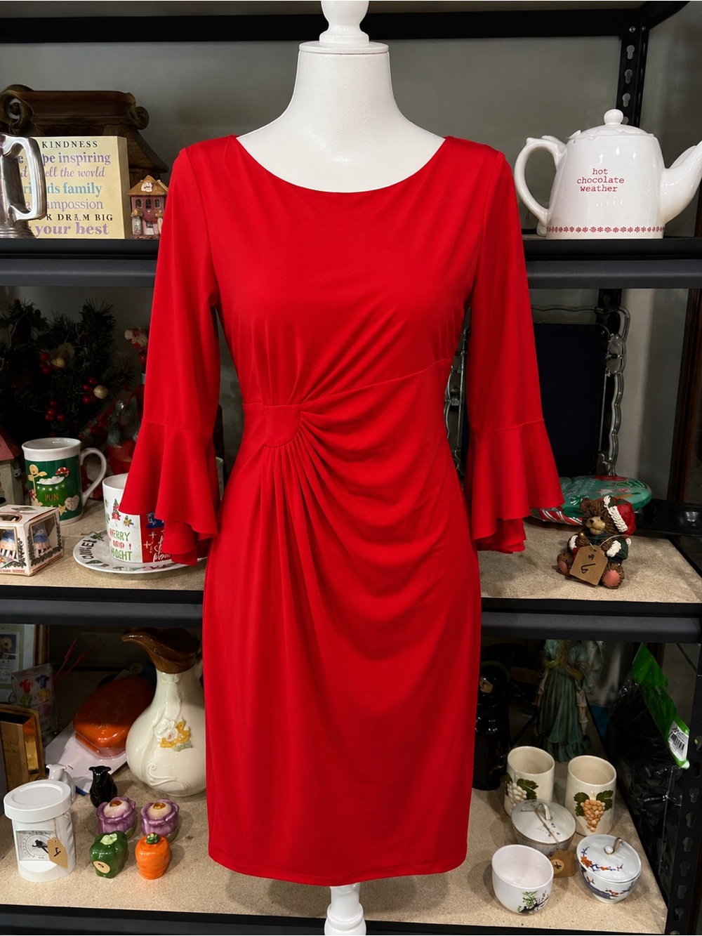 connected apparel Red Gathered-Waist Bell Sleeve Dress